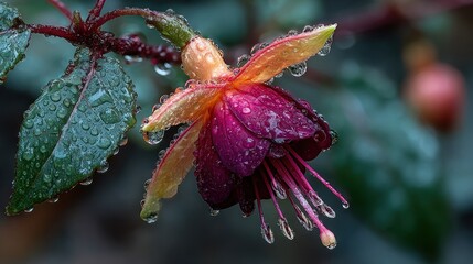 Close-up of a vibrant fuchsia flower, covered in water droplets