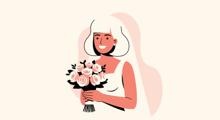 Fototapeta premium Illustration of a young woman wearing a wedding dress and holding a bouquet of roses
