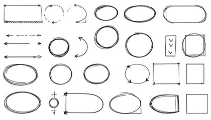 Hand-drawn black marker shapes and arrows on white background for graphic design elements