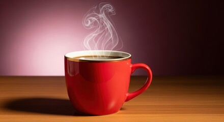 Obraz premium Morning serenity: Red cup of steaming coffee, rich aroma, on wooden table