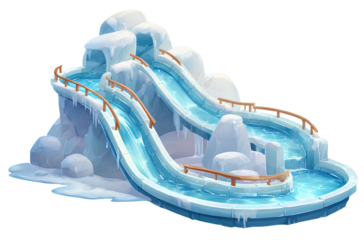  Ice slide playground, ice-carved children's slides, transparent material, cartoon-style, cute shapes, no background
