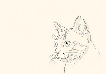 Black and white hand-drawn illustration of a curious domestic cat's head, looking to the side with plenty of empty copy space
