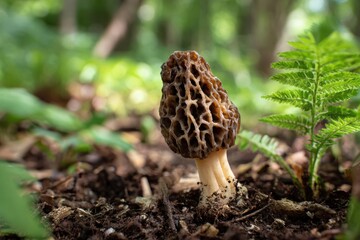 Closeup of a freshly picked morel mushroom highlighting unique textures and colors for culinary enthusiasts and nature lovers in a serene springtime forest setting