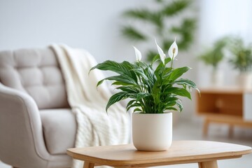 Peace lily plant on a wooden table in a light-filled room.  A beige armchair and a white throw are in the background