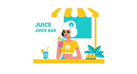 Stylish woman enjoying a refreshing juice at a vibrant juice bar illustration