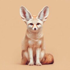Adorable fennec fox with large ears sitting against a neutral background, showcasing its unique features and charm
