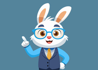 Smart bunny character pointing and smiling
