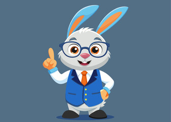 Smart cartoon bunny wearing glasses and a vest pointing upwards