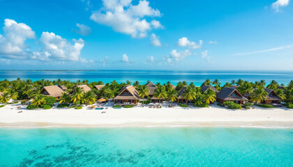 Naklejka premium Aerial view of tropical resort with thatched bungalows, white sand, and turquoise water. 