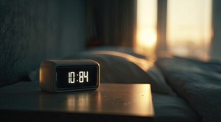 A digital alarm clock sits on a bedside table, illuminated by the early morning sun streaming into the room