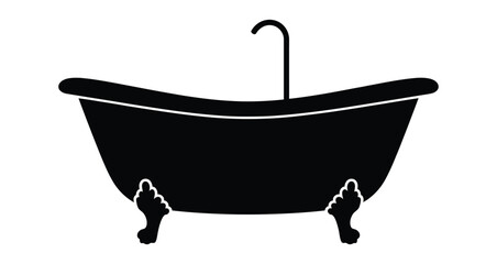 Silhouette of clawfoot bathtub with faucet—minimal black icon representing vintage bathroom style, spa relaxation, or hygiene concepts