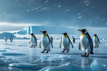 Obraz premium A Group of Emperor Penguins Slowly Walking Across a Vast Icy Plain During a Light Snowstorm with Strong Winds and Bluish Desaturated Lighting in Antarctic Wilderness