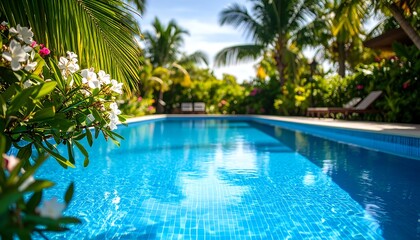 Tropical resort pool with lush greenery