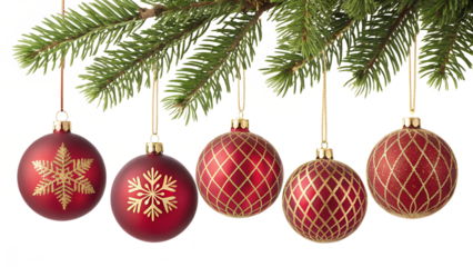 Photo of five red and gold christmas ornaments with intricate patterns hang from a green fir tree branch, isolated on transparent background