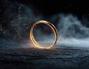 Golden ring, glowing, on dark surface, with smoke and dust