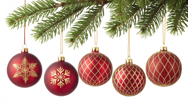 Photo of five red and gold christmas ornaments with intricate patterns hang from a green fir tree branch, isolated on transparent background