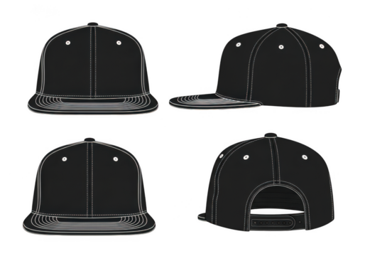 Four views of a black baseball cap isolated on transparent background - Powered by Adobe