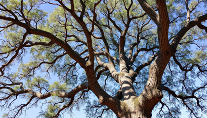 Fototapeta premium Majestic tree with sprawling branches and vibrant green leaves stretches against clear blue sky, showcasing nature beauty and tranquility