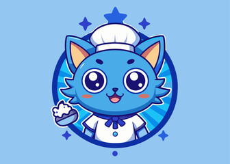 Cute blue cat chef holding a cupcake with a happy expression