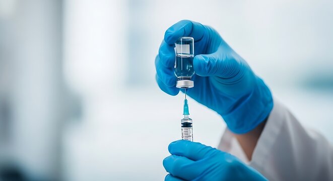 Medical professional preparing injection from vial with syringe healthcare doctor