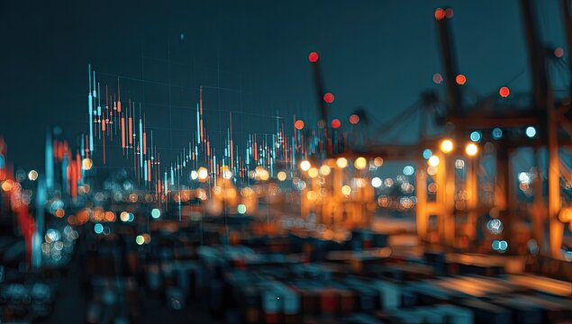 Blurred nighttime cityscape of a port overlaid with financial charts