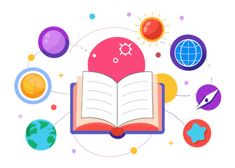Obraz premium Open book with celestial bodies and educational symbols