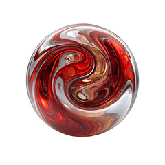 Abstract spherical artwork showcasing swirling patterns of red, silver, and gold hues