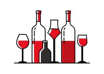 Stylized red wine bottles and glasses on a white background