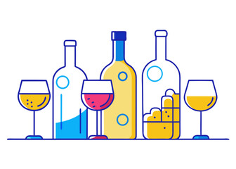 Stylized bottles and glasses of wine and beer