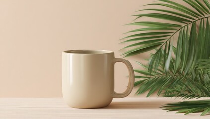 A beige ceramic mug sits on a light wood surface next to a lush palm frond against a pale beige background, creating a serene and minimalist scene
