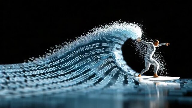 Surfer Confronting the Cubic Wave: A daring surfer gracefully maneuvers through the heart of a towering wave composed of intricate cubes.
