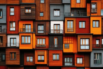 Modular apartment building facade, colorful wooden boxes. Many small square units, various colors, windows and balconies. Dense urban living