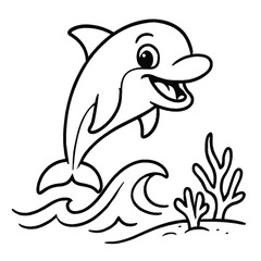 Fototapeta premium Cheerful cartoon dolphin jumping from the ocean wave, an illustration for a coloring book