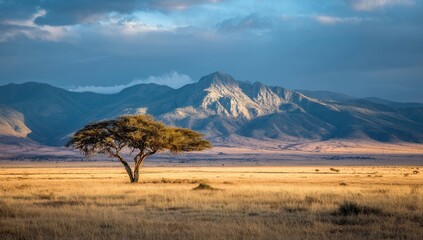 Vast savanna landscape, lone acacia tree, dramatic mountain backdrop