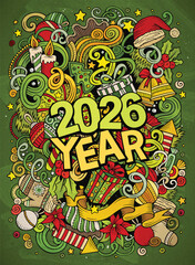 Festive vector illustration with 2026 surrounded by Christmas decorations