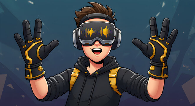 Animated hacker character in black outfit and gloves using hand gestures in a digital environment