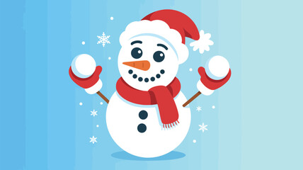 Smiling snowman in red Santa hat and scarf tossing snowballs—festive winter character surrounded by snowflakes in cheerful blue background