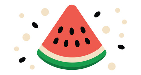 Stylized watermelon slice with scattered seeds and beige circles—clean triangular fruit design with red, green, black, and white contrasts