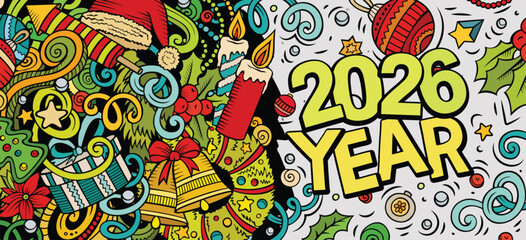 2026 doodles horizontal illustration. New Year objects and elements banner