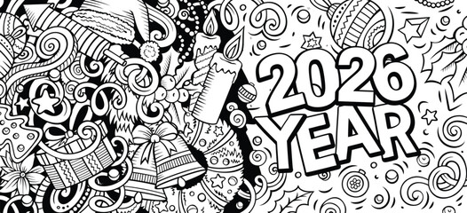 2025 doodles horizontal illustration. New Year objects and elements banner