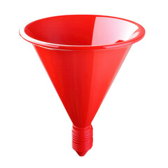 Bright red plastic funnel for pouring liquids isolated on transparent background