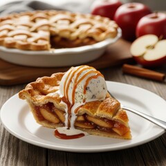 Delectable Apple Pie Slice with Vanilla Ice Cream and Caramel Drizzle close-up shot