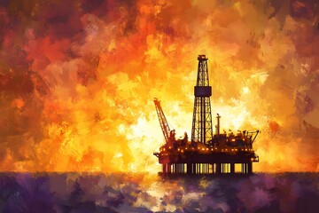 Obraz premium A creative image showing the silhouette of an oil platform against a glowing, fiery sunset, with the ocean shimmering below, symbolizing the extraction of energy from nature’s elements.