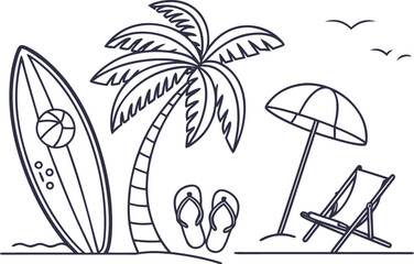 Illustration of a beach scene with a surfboard palm tree umbrella chair and flip flops in black outline