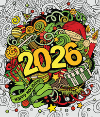 Festive vector illustration with 2026 surrounded by Christmas decorations