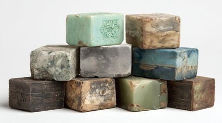 Stack of antique soap bars in various colors and textures