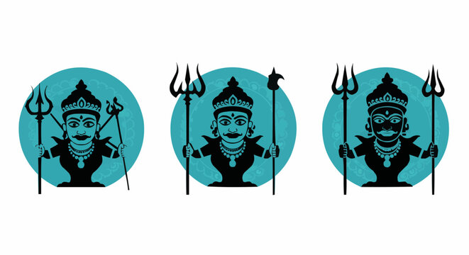 Symbolic illustrations of deities or figures, each holding a trident. The figures are set against circular backgrounds.