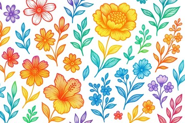 Radiant rainbow colored botanical arrangement featuring blooming flowers and verdant leaves intertwining in vibrant, joyful springtime composition