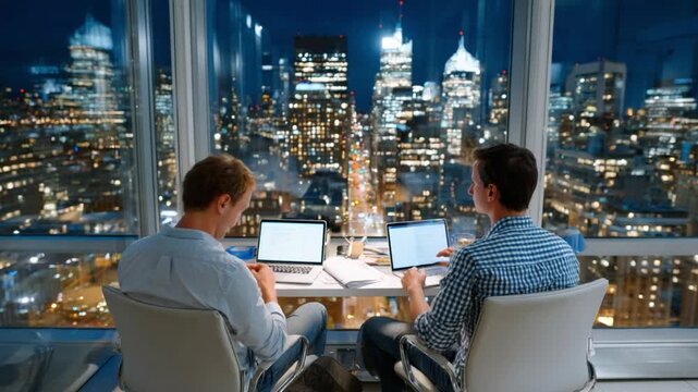 Nightscape Workspace: Two individuals are working together in a modern office overlooking a captivating cityscape at night. Reflecting on the synergy of collaboration in a high-tech environment.
