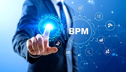 Businessman Touching Digital BPM Interface with Futuristic Technology Concept